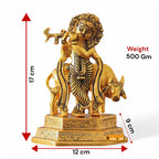 KridayKraft Lord Cow Krishna with Flute Metal Handicraft Statue, Gold-Plated Religious Showpiece Decorative Figurine,Hindu Religious Idol, 16 cm