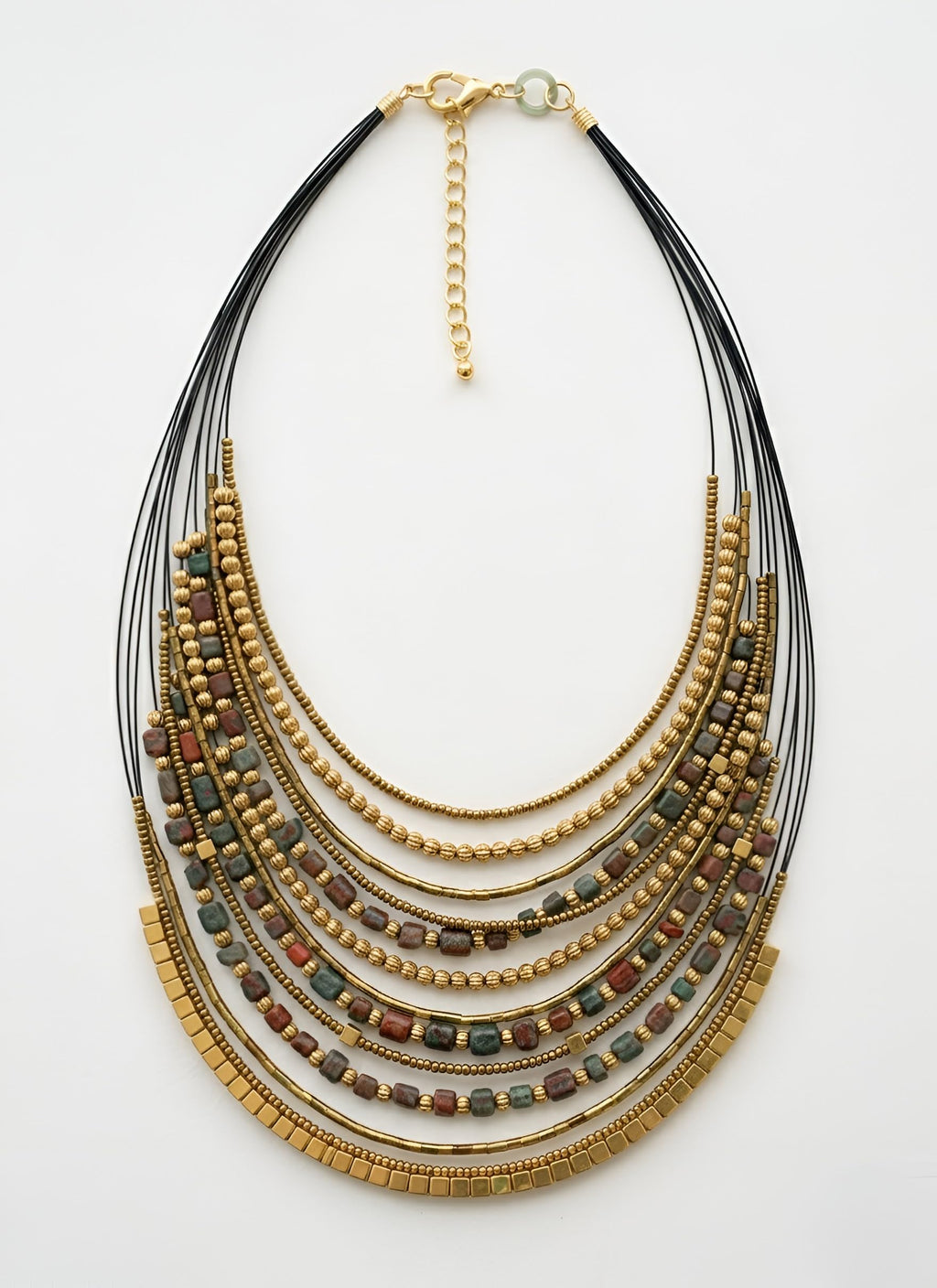 DCA Handmade Multilayer Beaded Fashion Statement Necklace, Red and Gold, Boho Tribal Style, Adjustable Clasp for Saree,Dress,Kurti,Westernwear for Women and Girls (Olive-Brown)