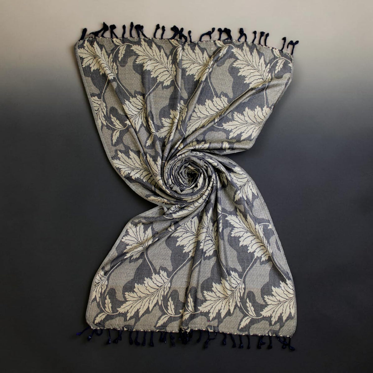 STOLE STUDIO Embellished Leaf Luxurious Viscose Stole Scarf (Black/Beige)