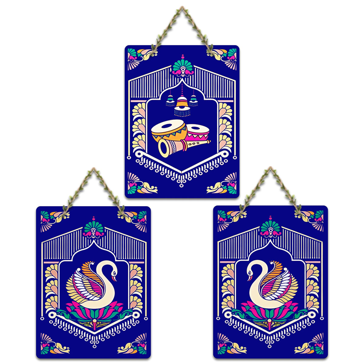 Artvibes Tanjore Art Home MDF Wooden Wall Art for Home Decor | Music Wall Art for Decoration | Wall Poster | Wall Sculpture | Signs & Plaques | Graphic Art | Unique Gift (WH_96156N), Set of 3