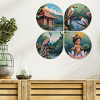Artvibes Nature Spiritual Wooden Wall Hanger for Home Decor | Graphic Artwork | Door Decoration Items | Paintings For Wall | Wall Art Print | Handcrafted Art | Unique Gift Items (WH_8429N), Set of 4