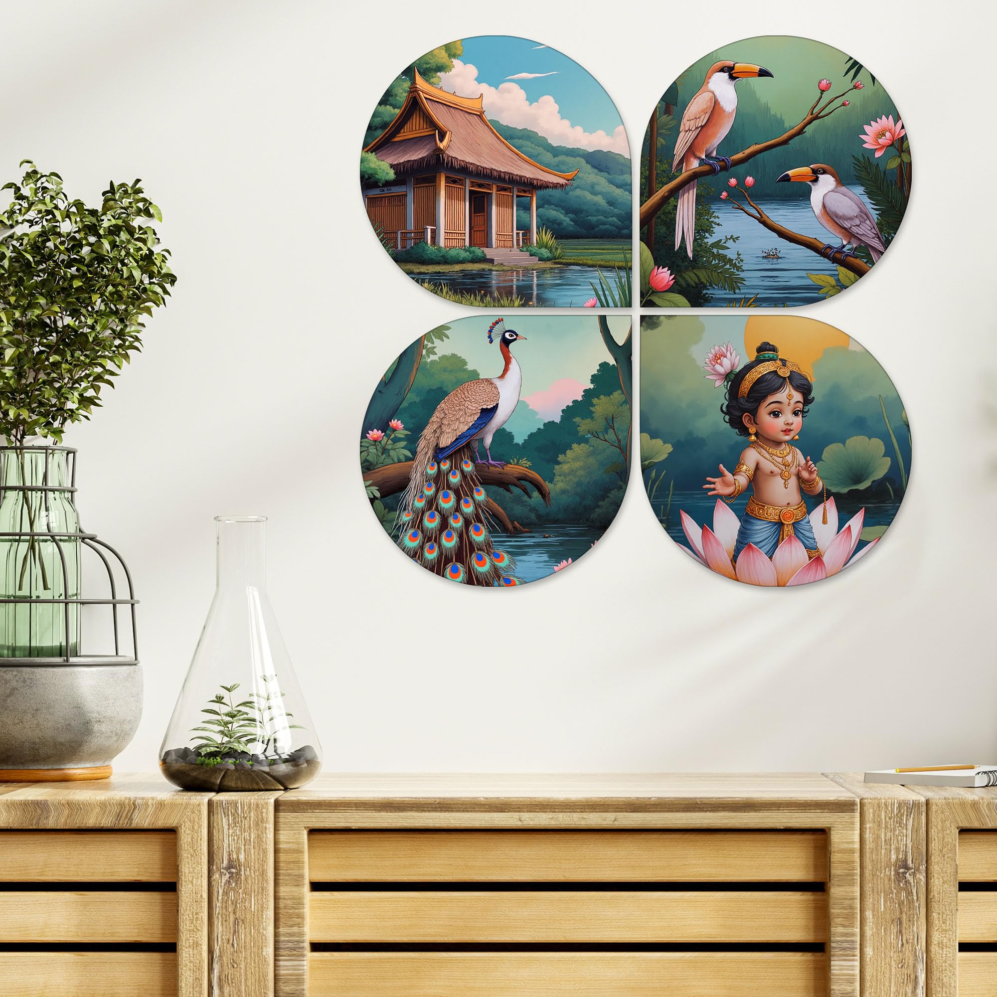 Artvibes Nature Spiritual Wooden Wall Hanger for Home Decor | Graphic Artwork | Door Decoration Items | Paintings For Wall | Wall Art Print | Handcrafted Art | Unique Gift Items (WH_8429N), Set of 4