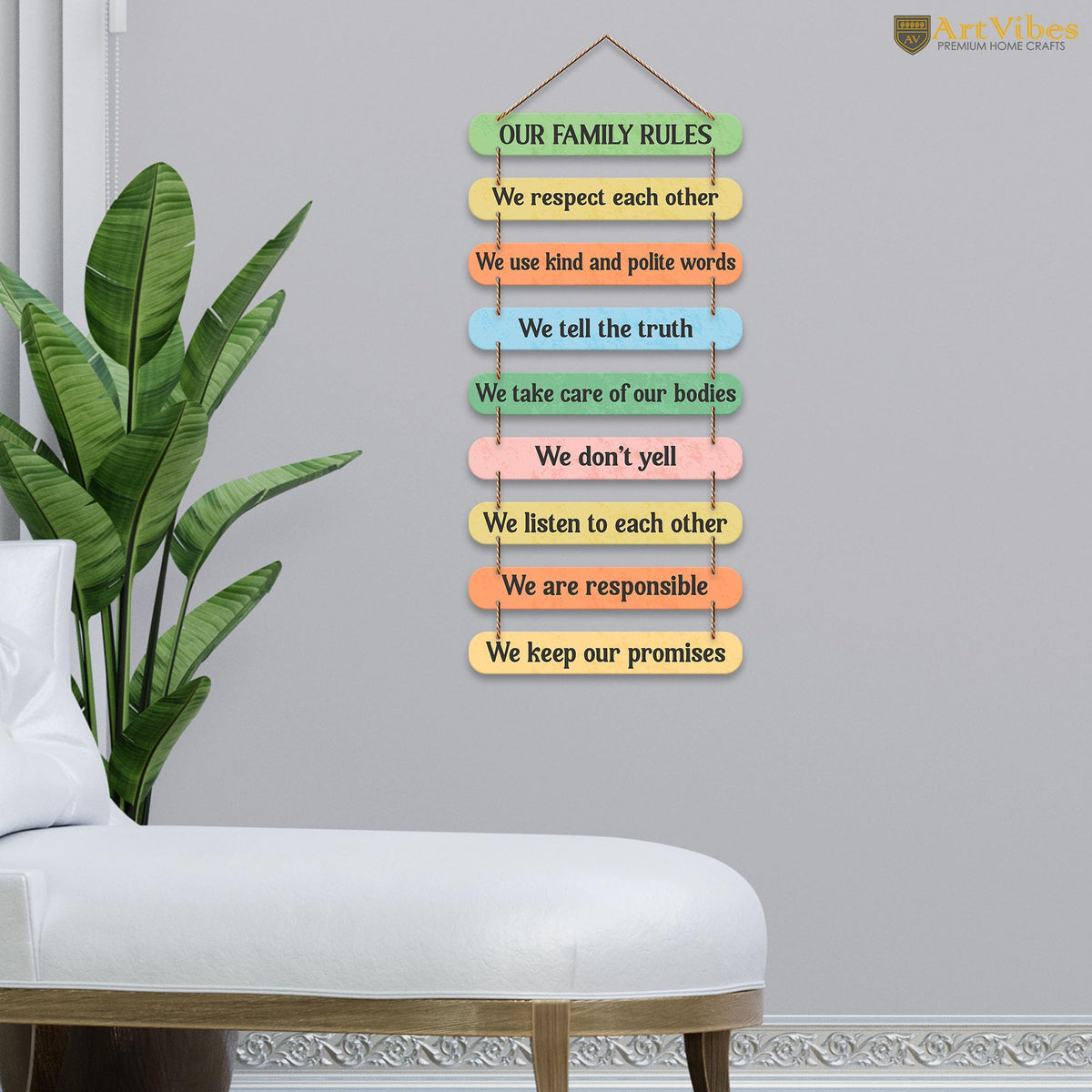 Artvibes Our Family Rules Quotes Wooden Wall Hanger for Home Decor | Quotes Decor Item | Wall Accents | Gift Items | Wall Illustrations | Modern Artworks Hangings | Mdf Wall Decoration (WH_9320N)