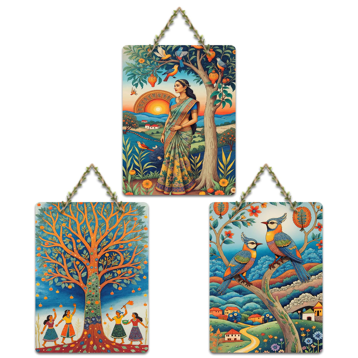 Artvibes Women & Kids Under The Tree Decorative Wall Art MDF Wooden Wall Hanger for Home | Handcrafted Art | Festive Decor | Wall Poster | Paintings For Wall | Ideal Gifts (WH_9684N), Set of 3
