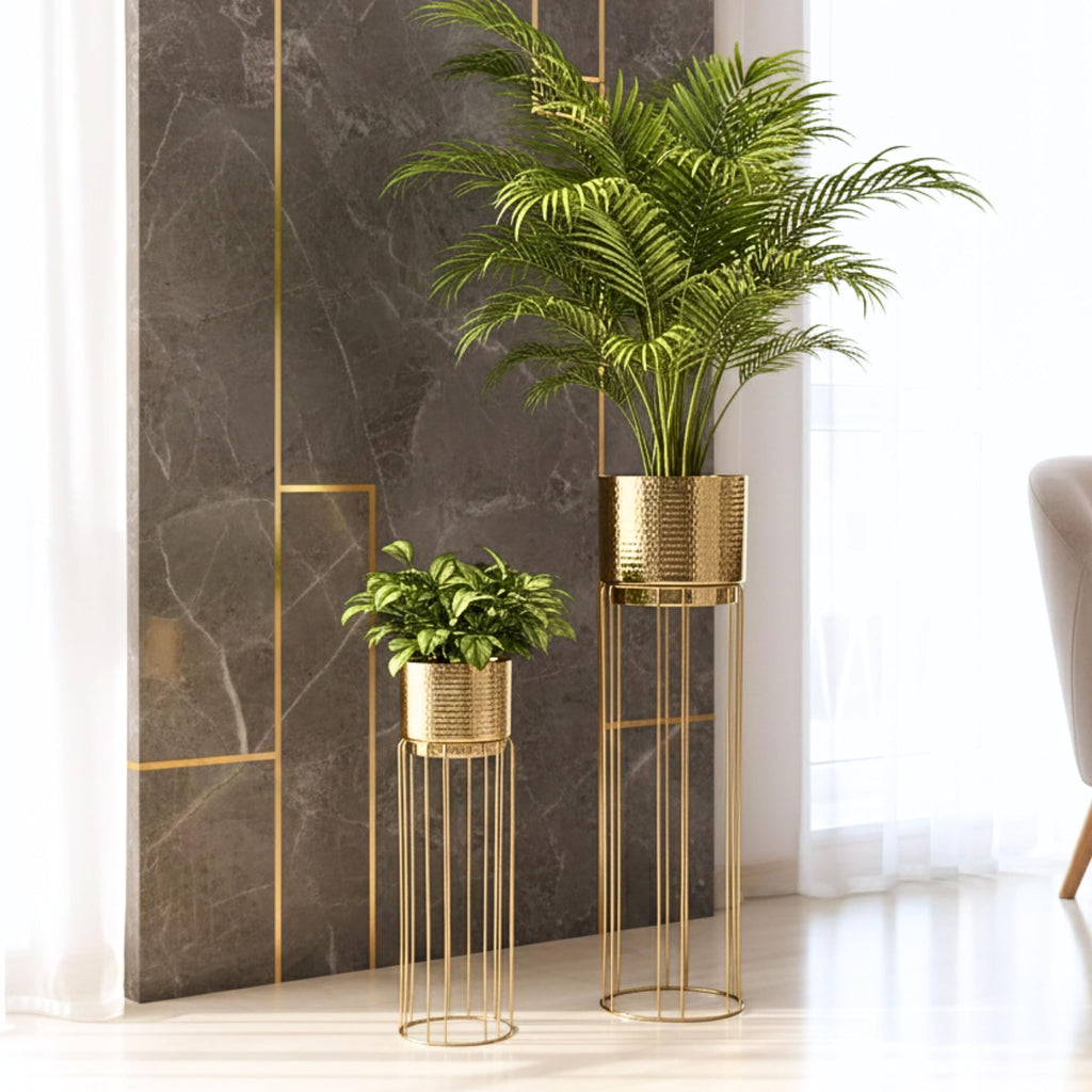 BEHOMA Gold Metal Floor Planters with Stand, Set of 2 - Living Room
