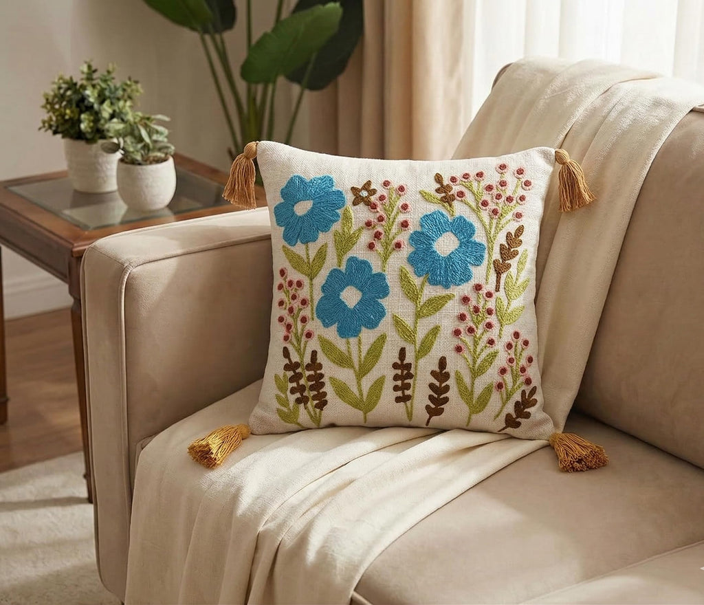 Furnistitchs Handmade Tufted Boho Cushion Covers 12x12 Inches | Embroidered Sofa Pillow Cases | Rustic Bohemian Decorative Throw Cushions for Couch Bedroom Living Room (5, Blue Bellflower)