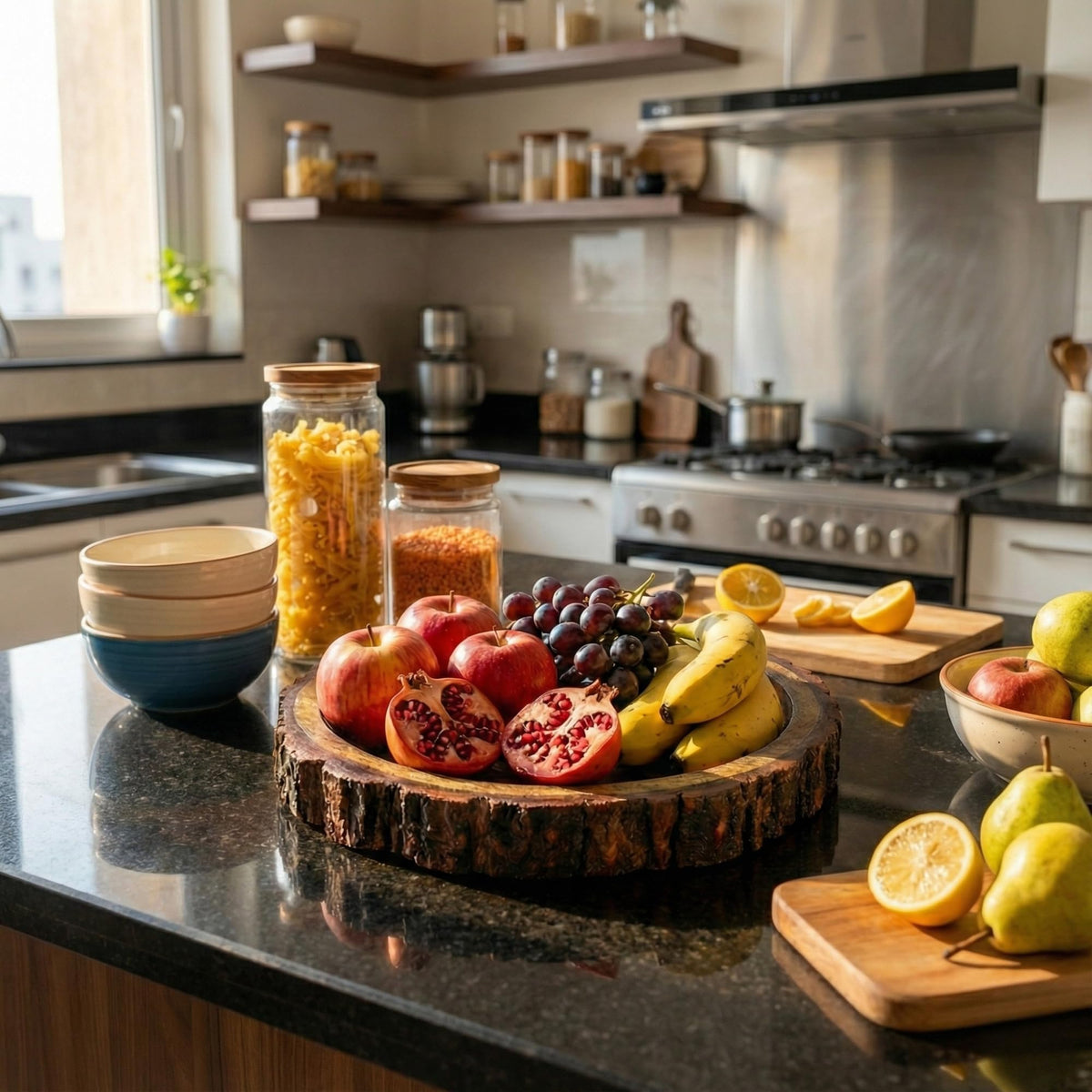 Rustic Wooden Buckle Tray for Serving – 10 inch Round Wood Bark Edge Platter for Snacks, Fruits, Tea & Coffee | Food‑Safe Decorative Centerpiece for Dining & Coffee Table, Indian Homes & Gifting