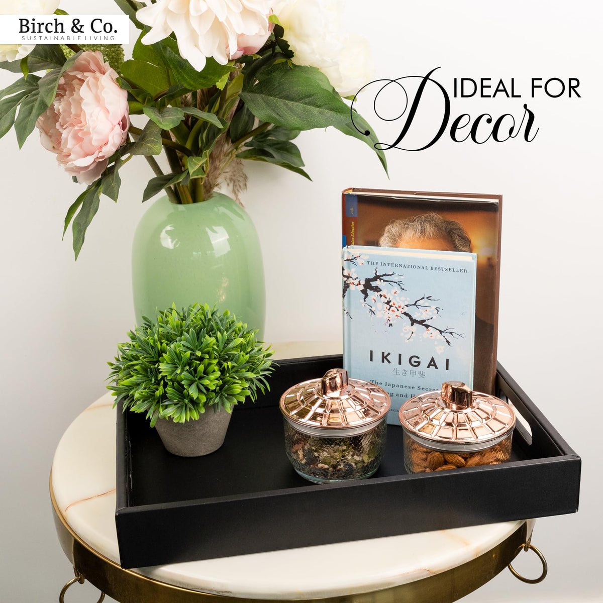 Birch & Co. Wooden Round Serving Tray - 10 Inch X 15 Inch - For Decoration, Tea, Coffee - Premium MDF Trey With Resin Finish, Black