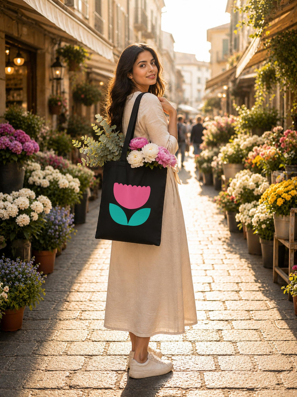 DOODLE Canvas Tote Bag for Women with Zip – Minimal Floral Tulip Printed Poly Cotton Shoulder Bag with Outer & Inner Zip Pocket for College, Office, Shopping & Travel