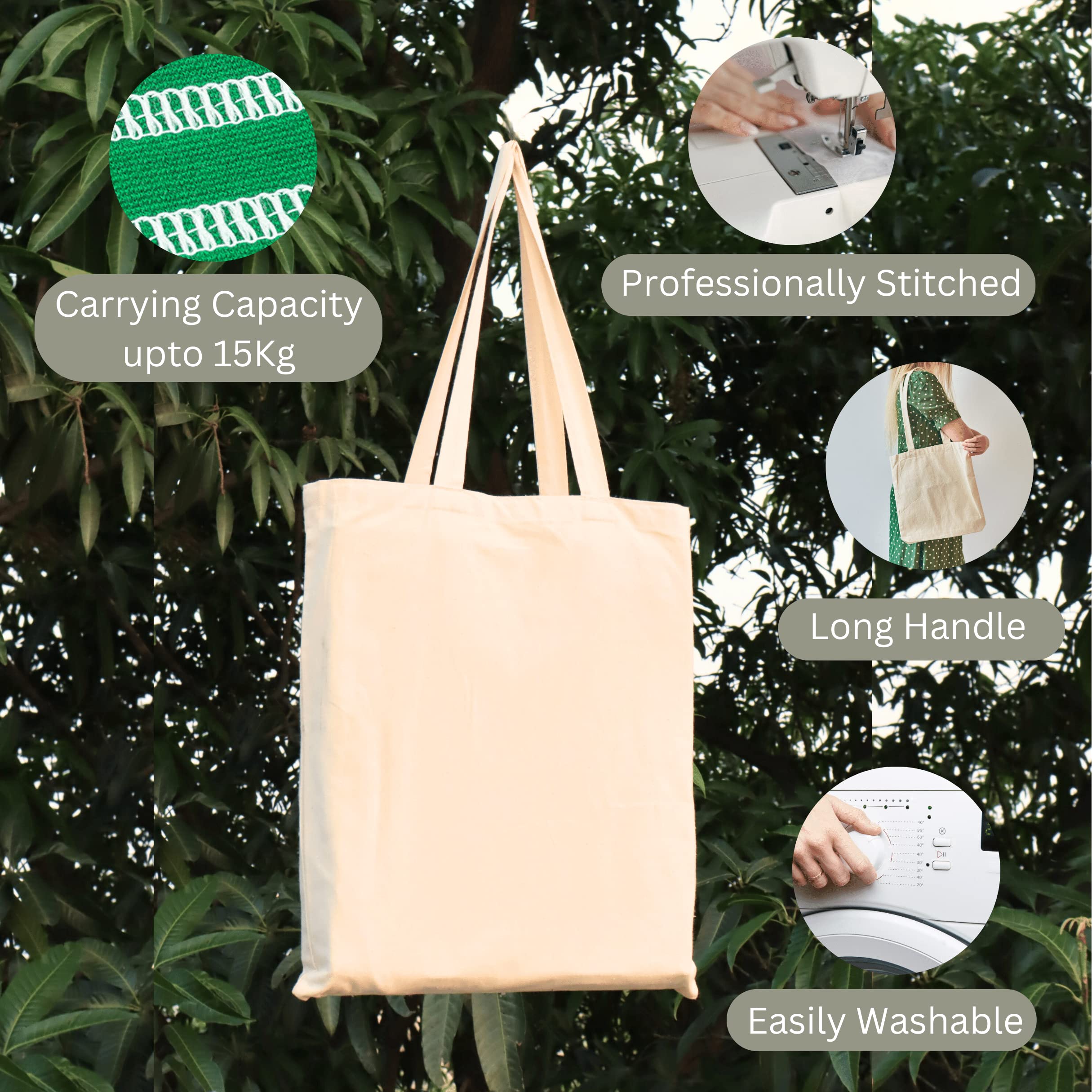 Mantooo Shopping Cotton Plain Tote Bags 14/16 inch with Long Handles| Grocery Bag | 15 kg Carrying Capacity | Unisex | Easy to Wash | Professionally Stitched | Pack of 10
