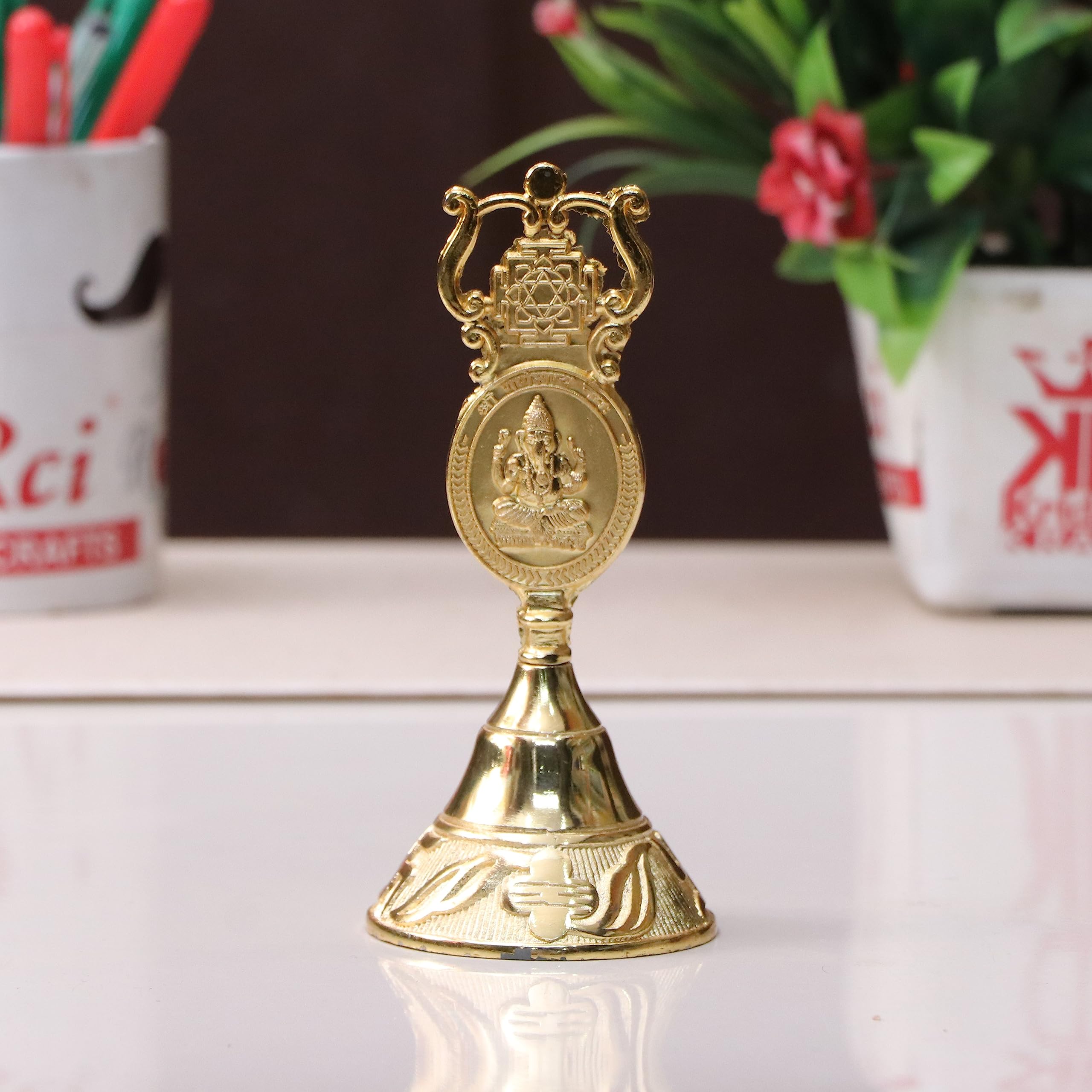 Kriday Kraft Antique Pooja Bells Metal Gold Kuber Ghanti, Hand Bell with Kuber Laxmi and Ganesh Embose for Pooja Mandir Handcrafted Puja Ghanti Home and Office Mandir Décor
