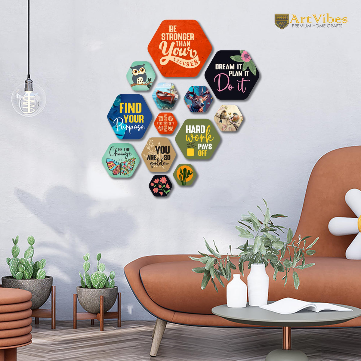Artvibes Find Your Purpose Hexagon Shape MDF Wooden Wall Decor Items | Quotes Decor Item | Motivational Wall Decor | Wall Accent | Gift Items | Office Wall Decoration Items (WPS_227N), Set of 13
