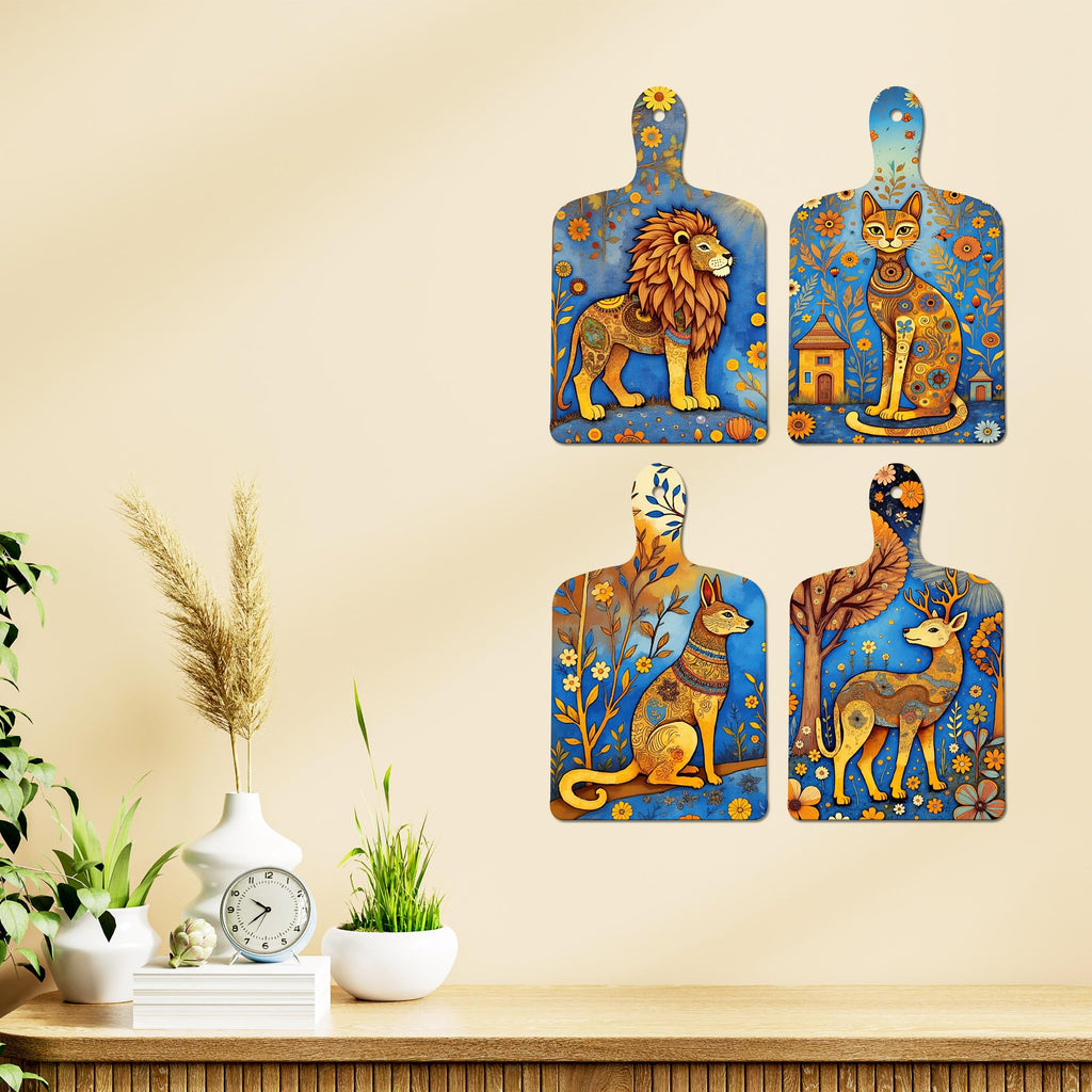 Artvibes Royal Lion Swamp Deer Cat & Fox Folk Art Decorative Wall Art MDF Wooden Wall Hanger for Home | Door Decoration Items | Artwork | Aesthetic Wooden Decor | Ideal Gifts (WH_5645N), Set of 4