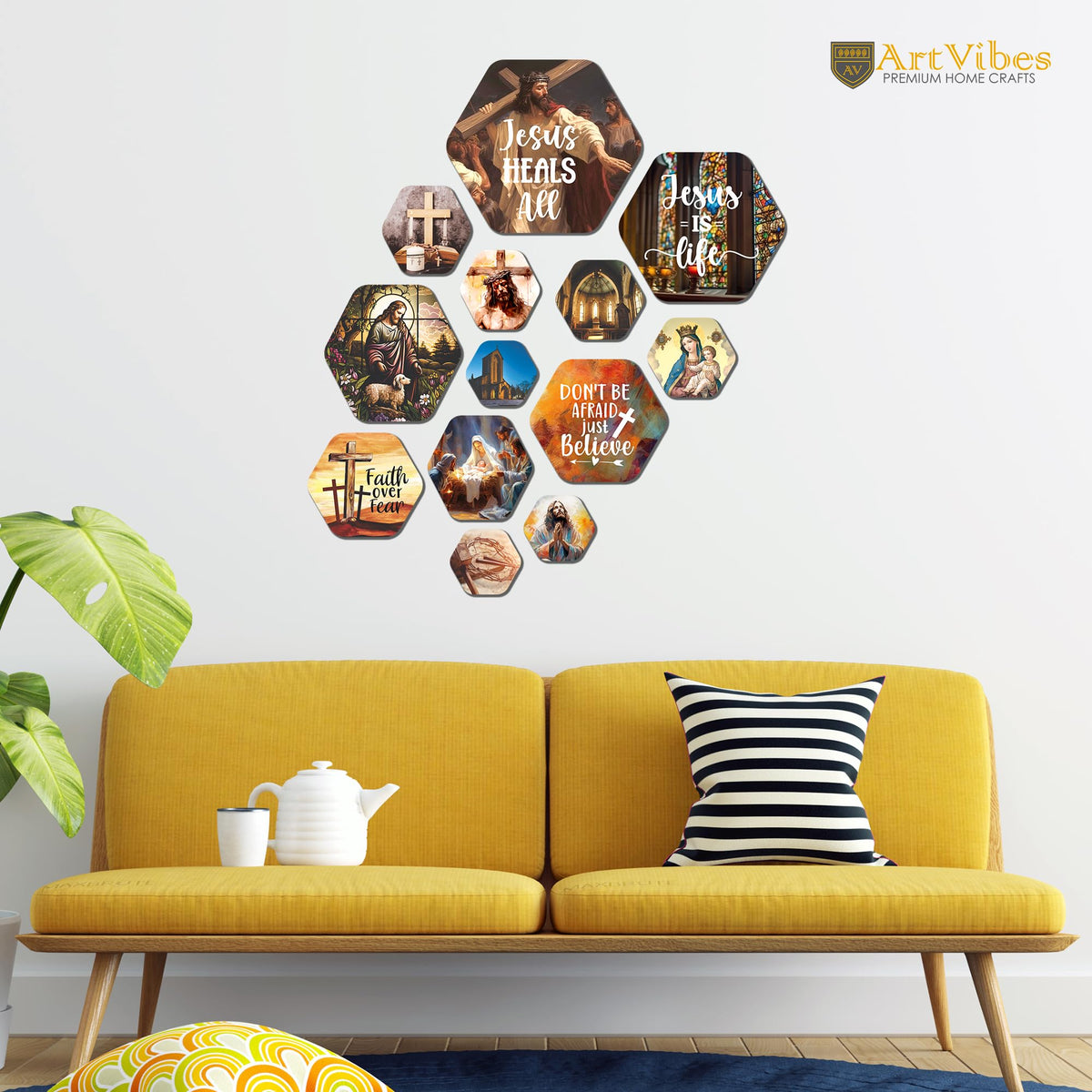Artvibes Jesus Heals All Christian Art Hexagon Shape MDF Wooden Wall Decor Items | Spiritual Decor Items | Wall Art Paintings | Wall Illustrations| Stylish Modern Artwork | Gift (WPS_201N), Set of 13
