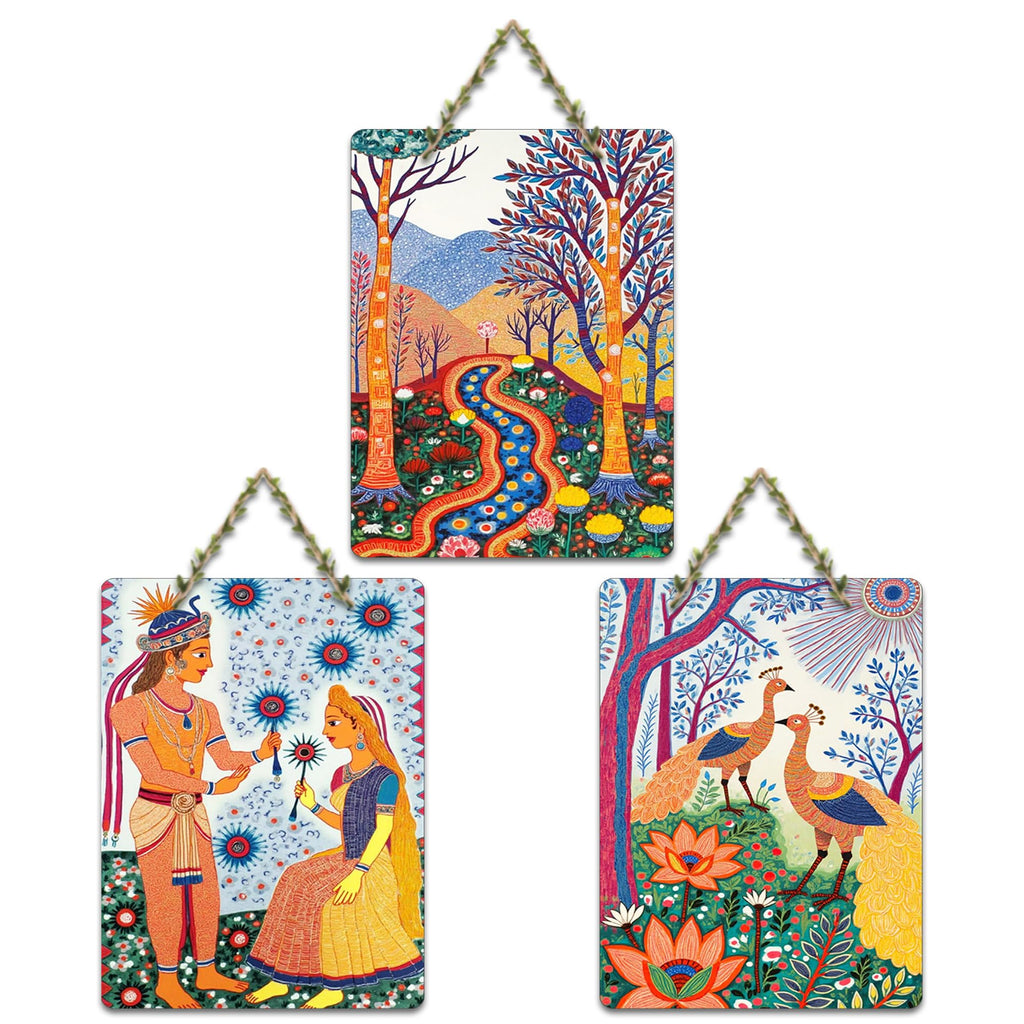 Artvibes Eternal Bond Madhubani Art Decorative Wall Art MDF Wooden Wall Hanger for Living Room | Wall Accent | Sceneries | Aesthetic Wooden Decor | Graphic Artwork | Ideal Gifts (WH_9680N), Set of 3