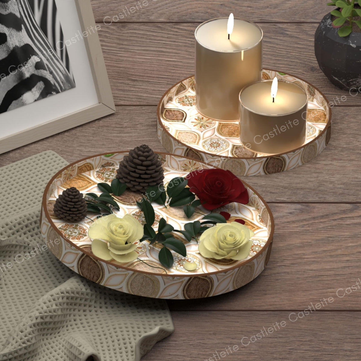 Castleite Ember Decorative Round Wooden Tray Set of 2 Handcrafted Trays for Serving, Use in Kitchen, Dining Table, Decor or Storage - Epoxy Resin Coated - Large, Small (Hanayaka)
