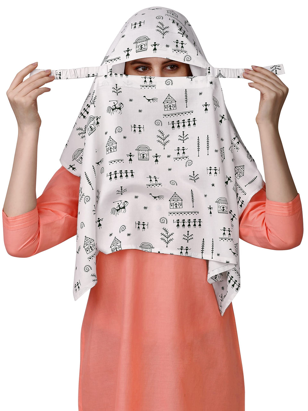 7 season's Cotton Short Girls Scarf Cum Mask Scarves Usable For Vehicle Driver | Multi Colour Printed Design (White- S Black Dhingli)