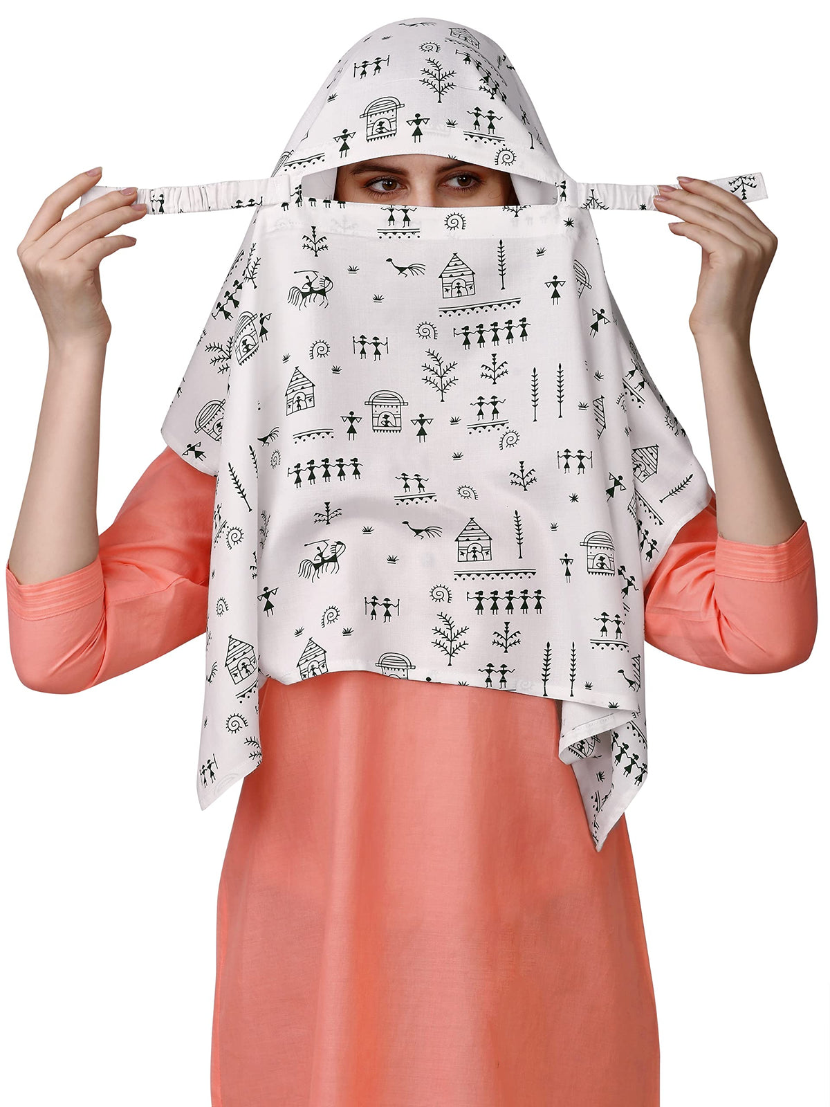 7 season's Cotton Scarf Cum Mask Universal Size Usable for vehicle Driver for sunlight UV protection White Printed Design For Girl & Women (Short Dhingli Black)