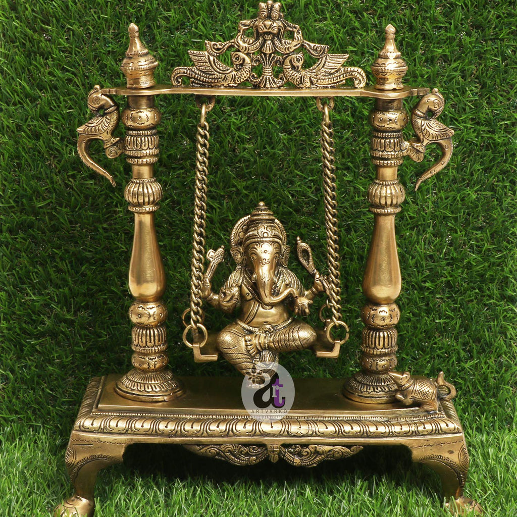 ARTVARKO 13 Inch Large Brass Designer Jhoola Murti Ganesha Virajman Statue Pooja and Home Warming Decor Office for Wedding Gift Vastu Remedy Success Ganesh Chaturthi