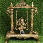 ARTVARKO 13 Inch Large Brass Designer Jhoola Murti Ganesha Virajman Statue Pooja and Home Warming Decor Office for Wedding Gift Vastu Remedy Success Ganesh Chaturthi