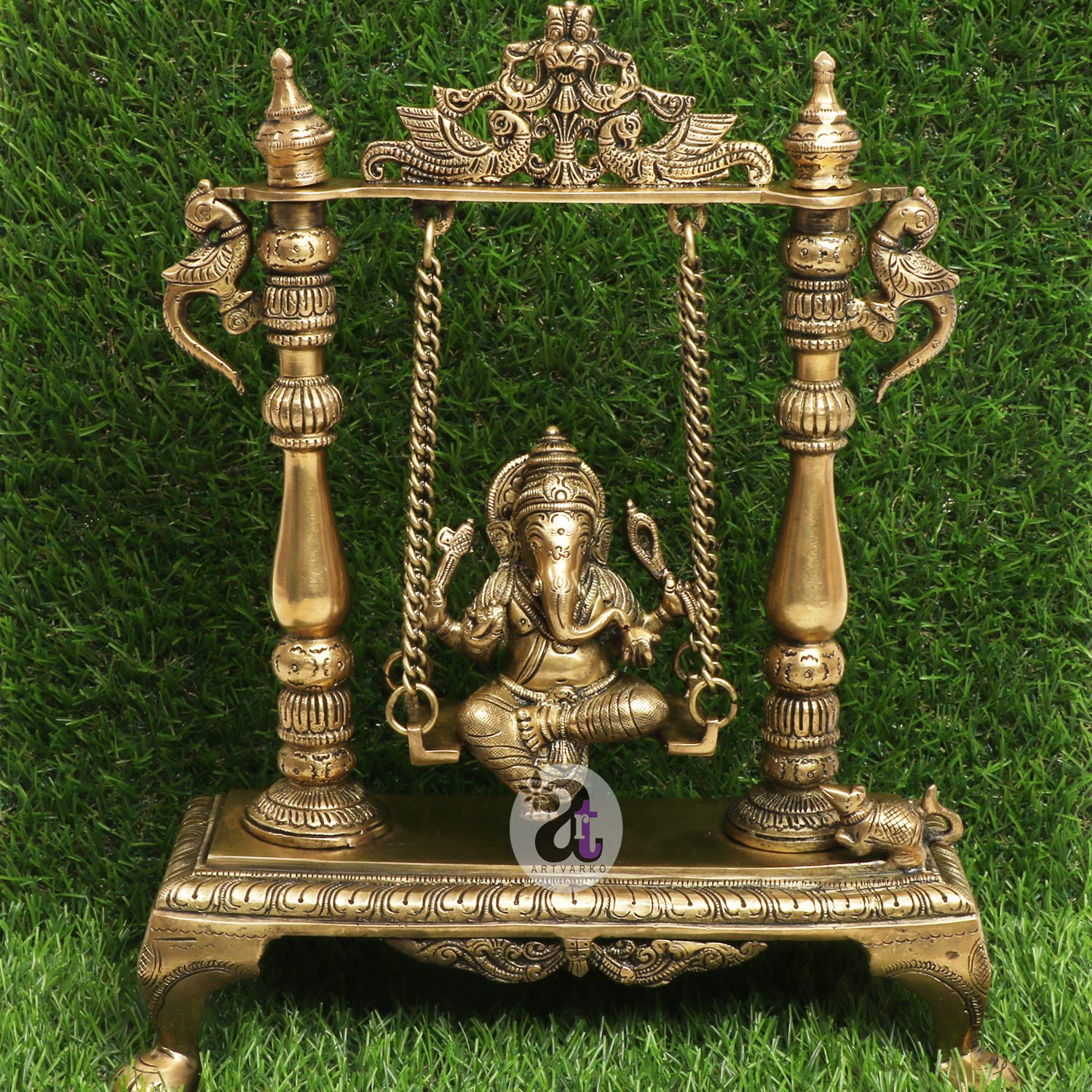 ARTVARKO 13 Inch Large Brass Designer Jhoola Murti Ganesha Virajman Statue Pooja and Home Warming Decor Office for Wedding Gift Vastu Remedy Success Ganesh Chaturthi