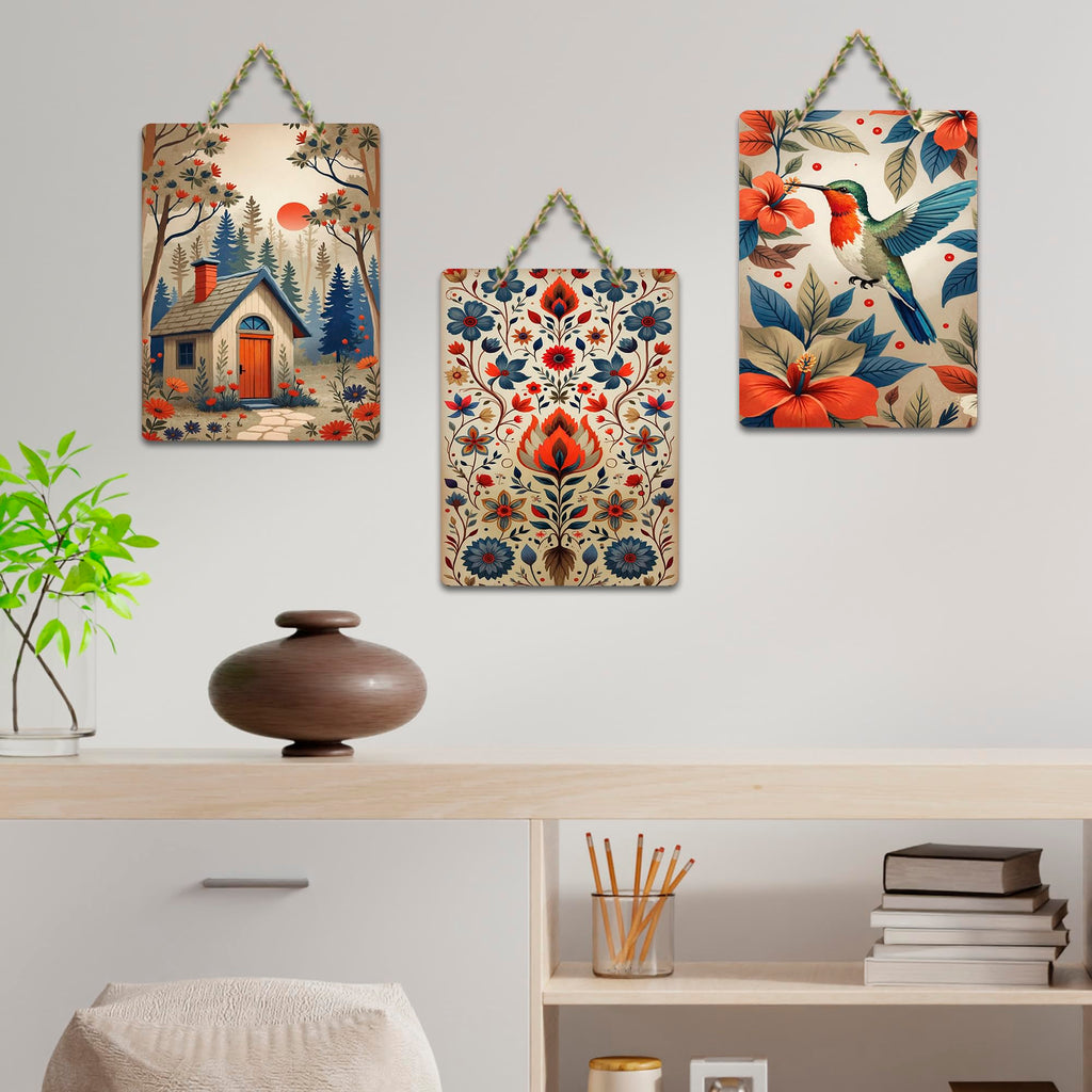 Artvibes Nature & Hummingbird Decoration Wooden Wall Hanger for Home Decor | Living Room | Office | Wall Art Painting For Hall | Graphic Artwork | Wall Poster | Unique Gift (WH_96105N), Set of 3