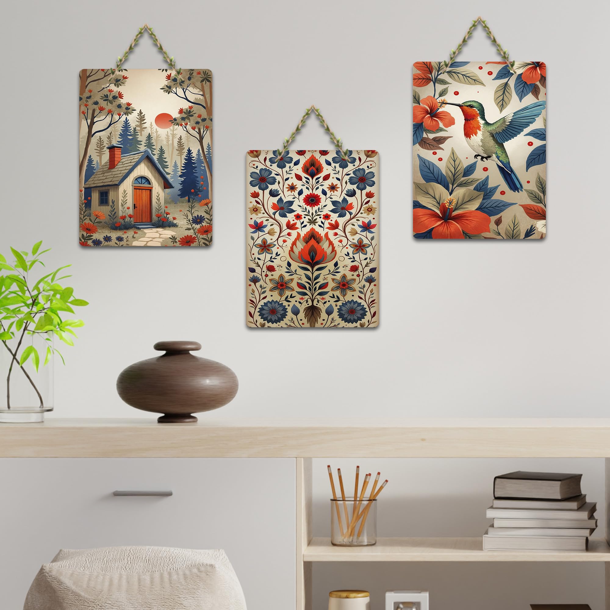 Artvibes Nature & Hummingbird Decoration Wooden Wall Hanger for Home Decor | Living Room | Office | Wall Art Painting For Hall | Graphic Artwork | Wall Poster | Unique Gift (WH_96105N), Set of 3
