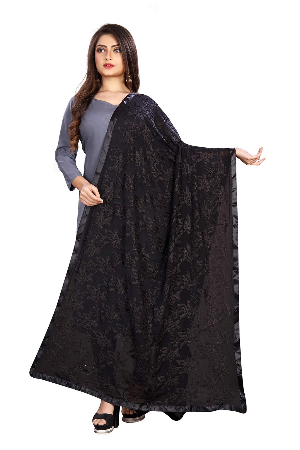 AKSHAR LLC Miss India Women's Chiffon Dupatta with Karachi Embroidery Work (black)