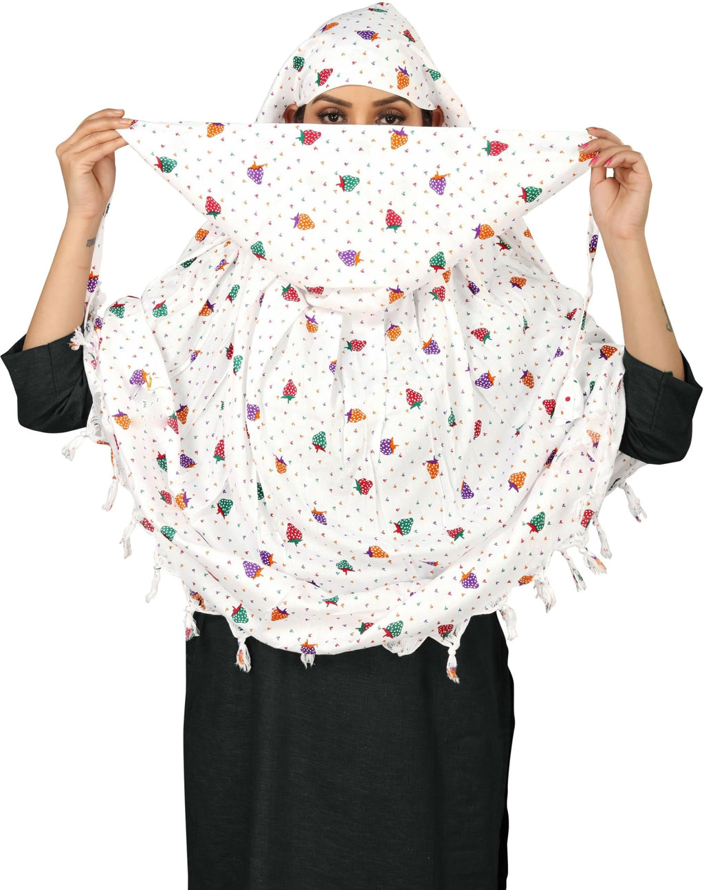 Sclout Soft Cotton Breathable Sun Protection Scarf Dupatta Usable for vehicle Driver | White Printed Design Stoles | Universal Size | For Girl & Women | Light Weight (Scarf - Strawberry)