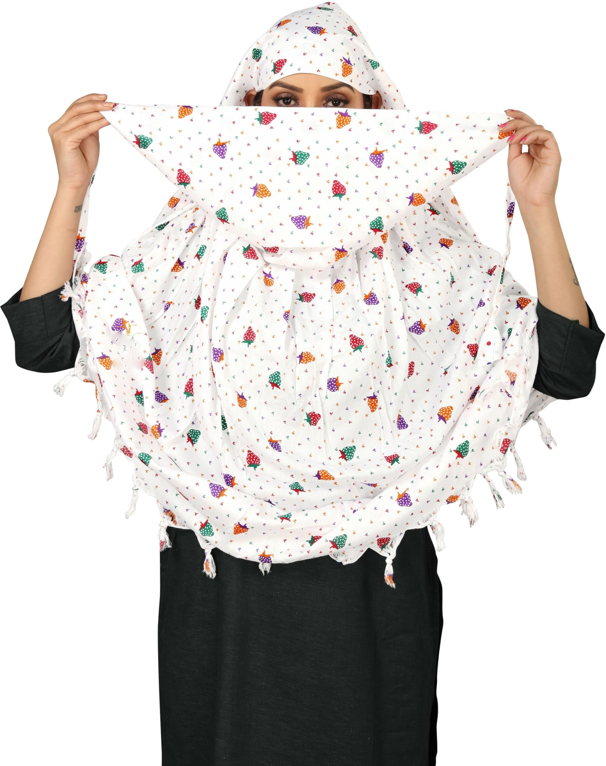 Sclout Soft Cotton Breathable Sun Protection Scarf Dupatta Usable for vehicle Driver | White Printed Design Stoles | Universal Size | For Girl & Women | Light Weight (Scarf - Strawberry)