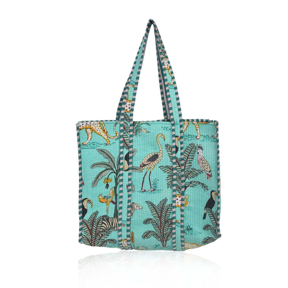 Quilted Premium Cotton Printed Reversible Tote Bag Grocery Shopping Bag Travel Bags Carry Bag 18x15x5.5 Inch