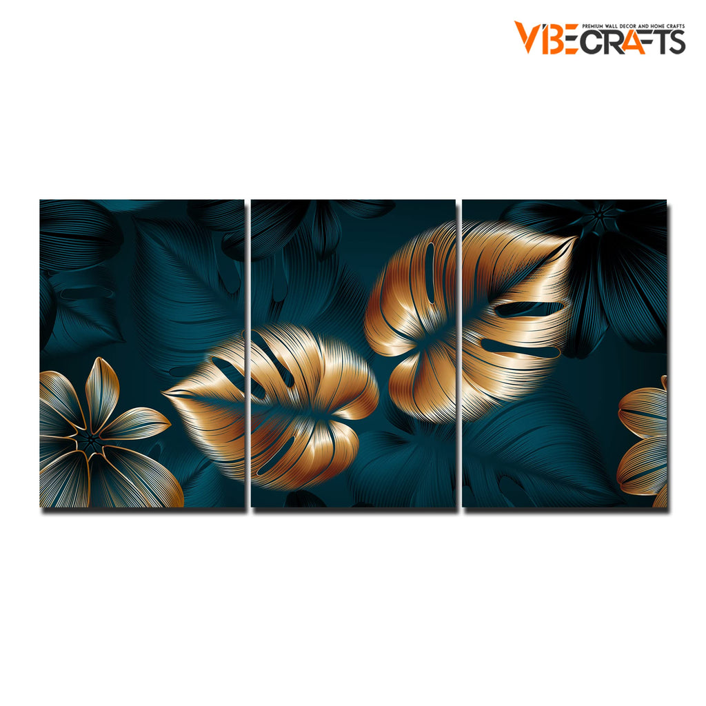 VIBECRAFTS 3 Pieces Beautiful Flower & Monstera Leaves Canvas Wall Painting Fitted With Wooden Frame For Home | Office | Living Room | Gifts(PTVC3Pcs3_11509)