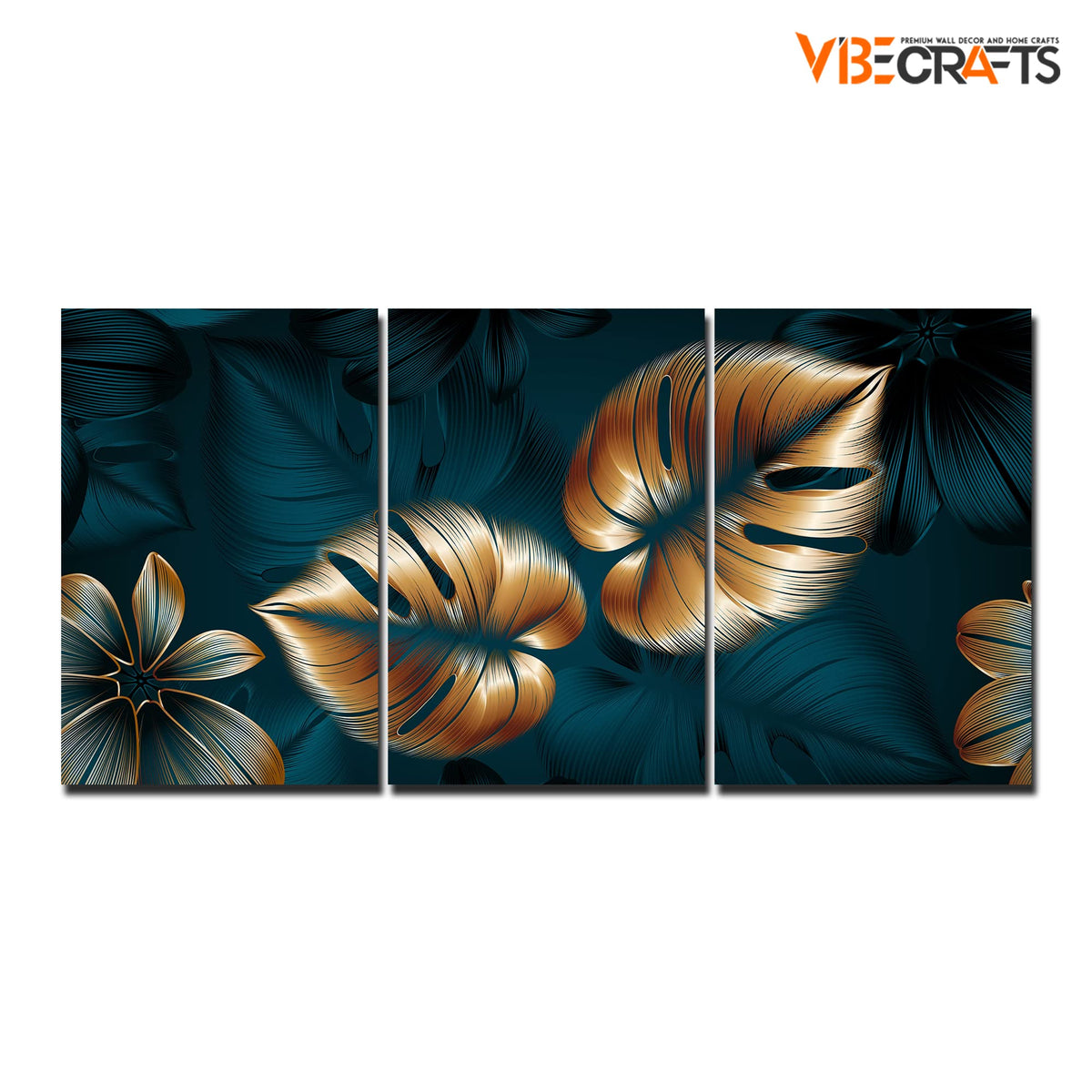 VIBECRAFTS 3 Pieces Beautiful Flower & Monstera Leaves Canvas Wall Painting Fitted With Wooden Frame For Home | Office | Living Room | Gifts(PTVC3Pcs3_11509)
