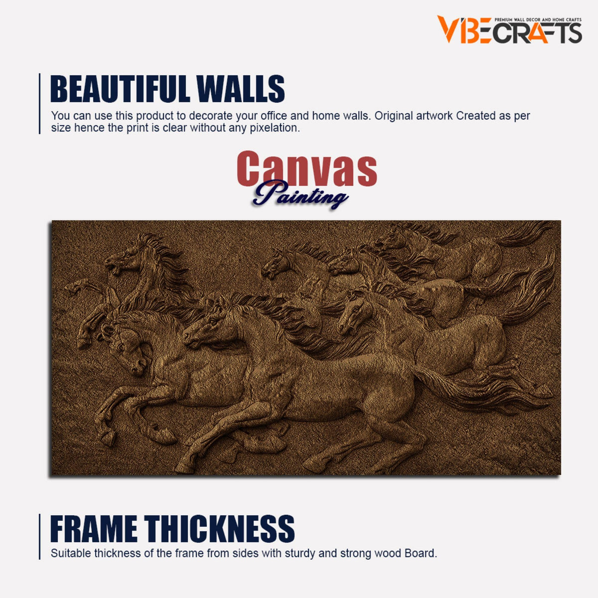 VIBECRAFTS Canvas Paintings for Living Room Drawing Room 3D Seven Horses Running Premium Wall Painting Fitted with Wooden Frame for Home|Office|Gift(PTVCH_2296NV)
