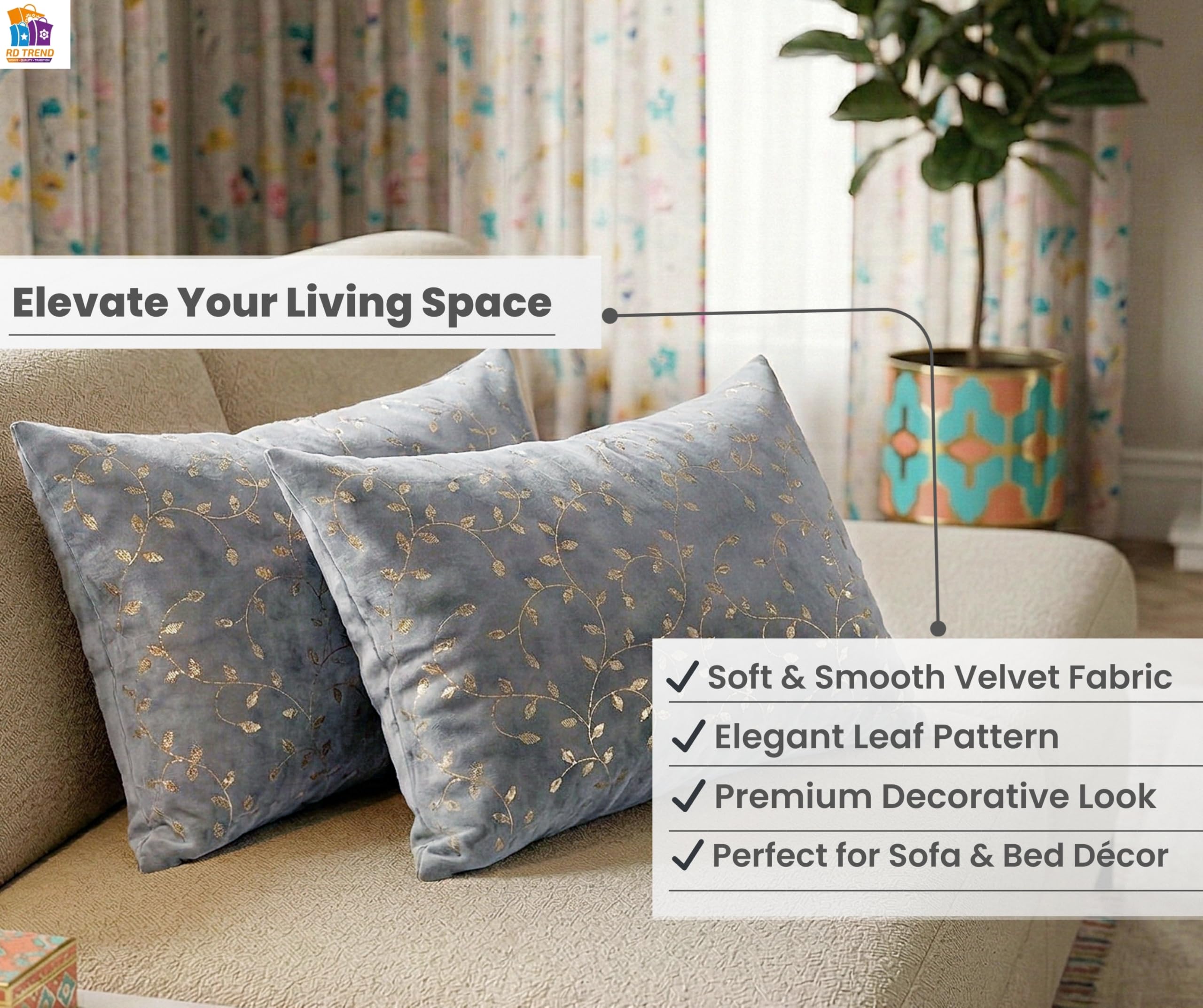 RD TREND® Velvet Rectangular 12 x 18 Inches Cushion Covers Set of 2 | Throw Pillow Covers for Sofa, Bed & Living Room | Perfect for Home Décor Grey