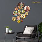 Artvibes Indian Diverse Culture Hexagon Shape MDF Wooden Wall Decor Items | Room Wall Art | Modern Decor Artwork | Living Room | Cafe | Wall Illustrations | Unique Gift Items (WPS_218N), Set of 13