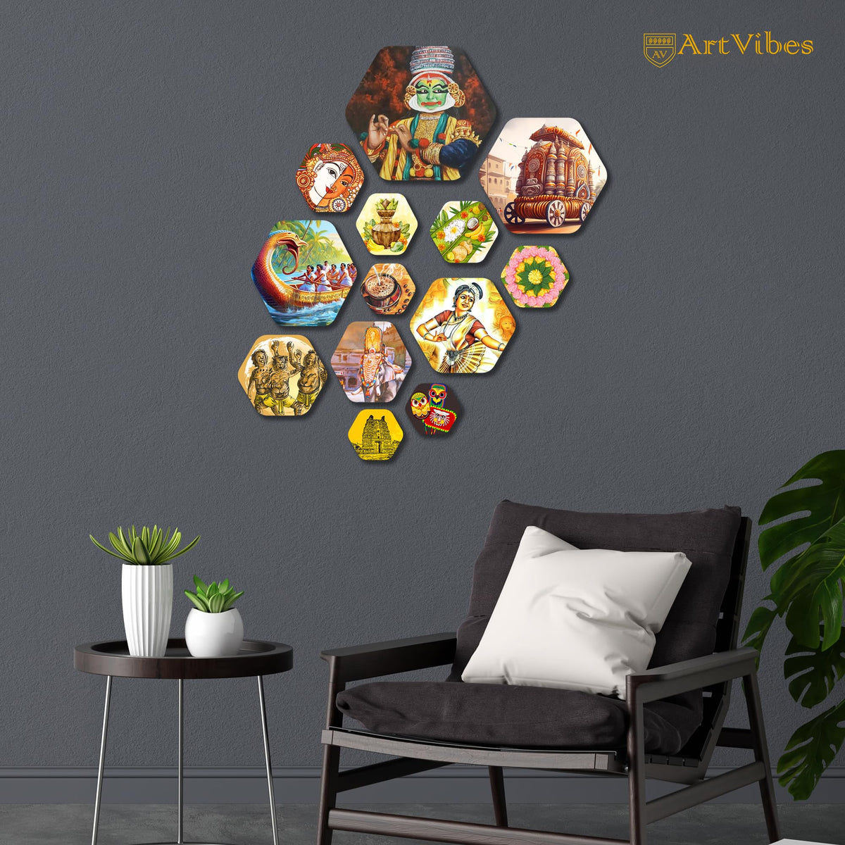 Artvibes Indian Diverse Culture Hexagon Shape MDF Wooden Wall Decor Items | Room Wall Art | Modern Decor Artwork | Living Room | Cafe | Wall Illustrations | Unique Gift Items (WPS_218N), Set of 13