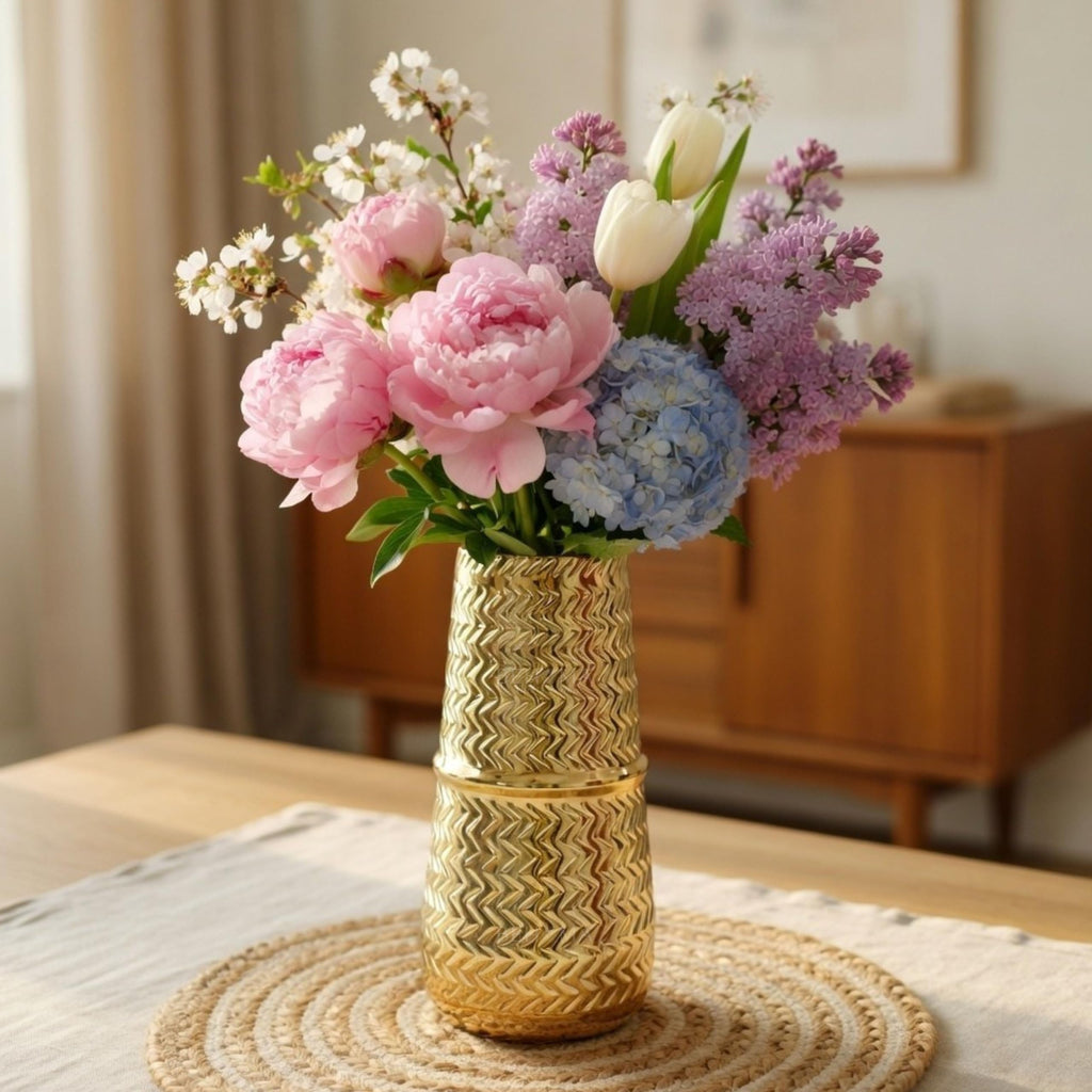 BEHOMA Arrow Engrave Metal Cylindrical Vase for, Golden - 1Pc