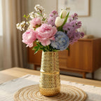 BEHOMA Arrow Engrave Metal Cylindrical Vase for, Golden - 1Pc
