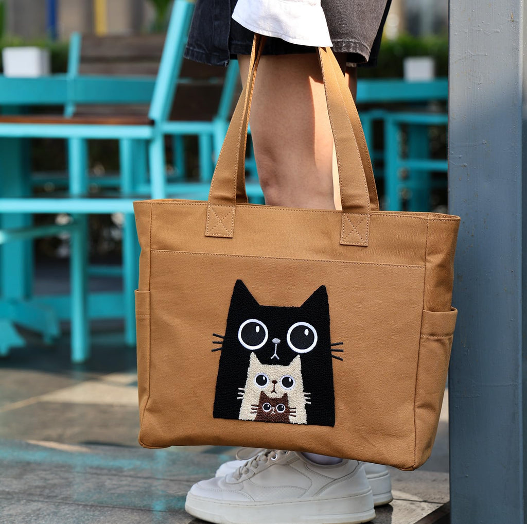 TSANTA U Shaped Canvas Tote Bag, 35.56x33.02 cm with 10.8 cm Gusset, Cotton, Zipper Closure, Laptop Compartment (Kitty)