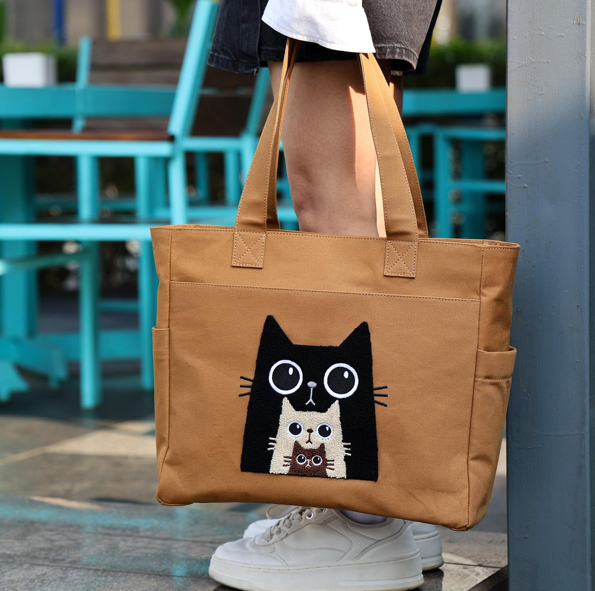 TSANTA Kitty Cat U-Shaped Canvas Tote Bag with Pouch Combo (Large) | Cotton Shoulder Tote with Zipper, Laptop Compartment & Organizer Pockets | Reusable Travel, Office & Everyday Carry Bag for Women