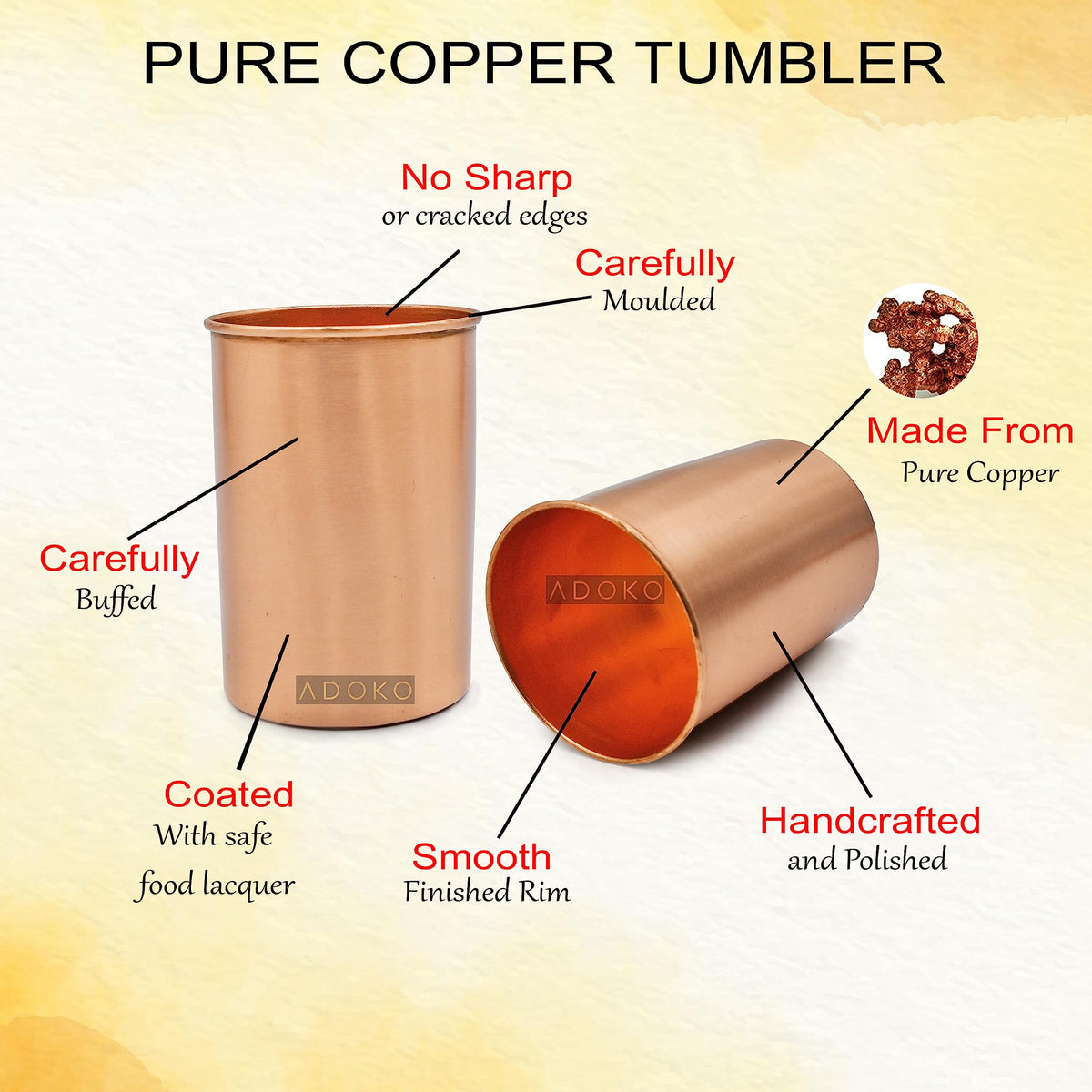 Adoko Pure Copper Water Jug 1.5 Litre with 1 Copper Glass (300ml) | Ayurvedic Copper Pitcher Set for Drinking & Storage for Health & Wellness