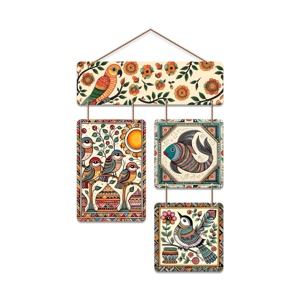 Artvibes Sparrows & Fish Ethnic Indian Folk Art Decorative Wall Art MDF Wooden Wall Hanger for Living Room | Wall Accent | Sceneries | Aesthetic Wooden Decor | Graphic Artwork | Ideal Gifts (WH_6539N)