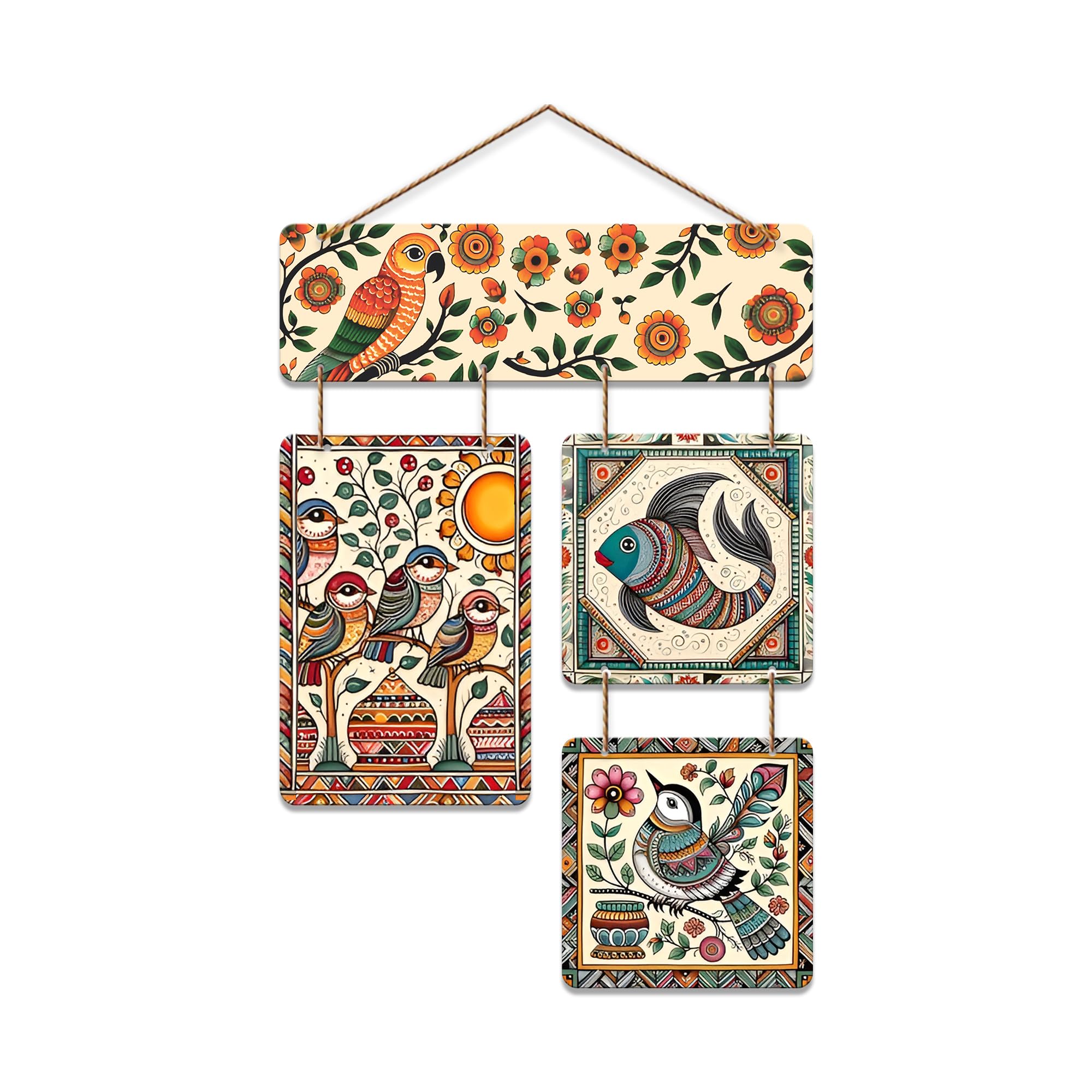 Artvibes Sparrows & Fish Ethnic Indian Folk Art Decorative Wall Art MDF Wooden Wall Hanger for Living Room | Wall Accent | Sceneries | Aesthetic Wooden Decor | Graphic Artwork | Ideal Gifts (WH_6539N)