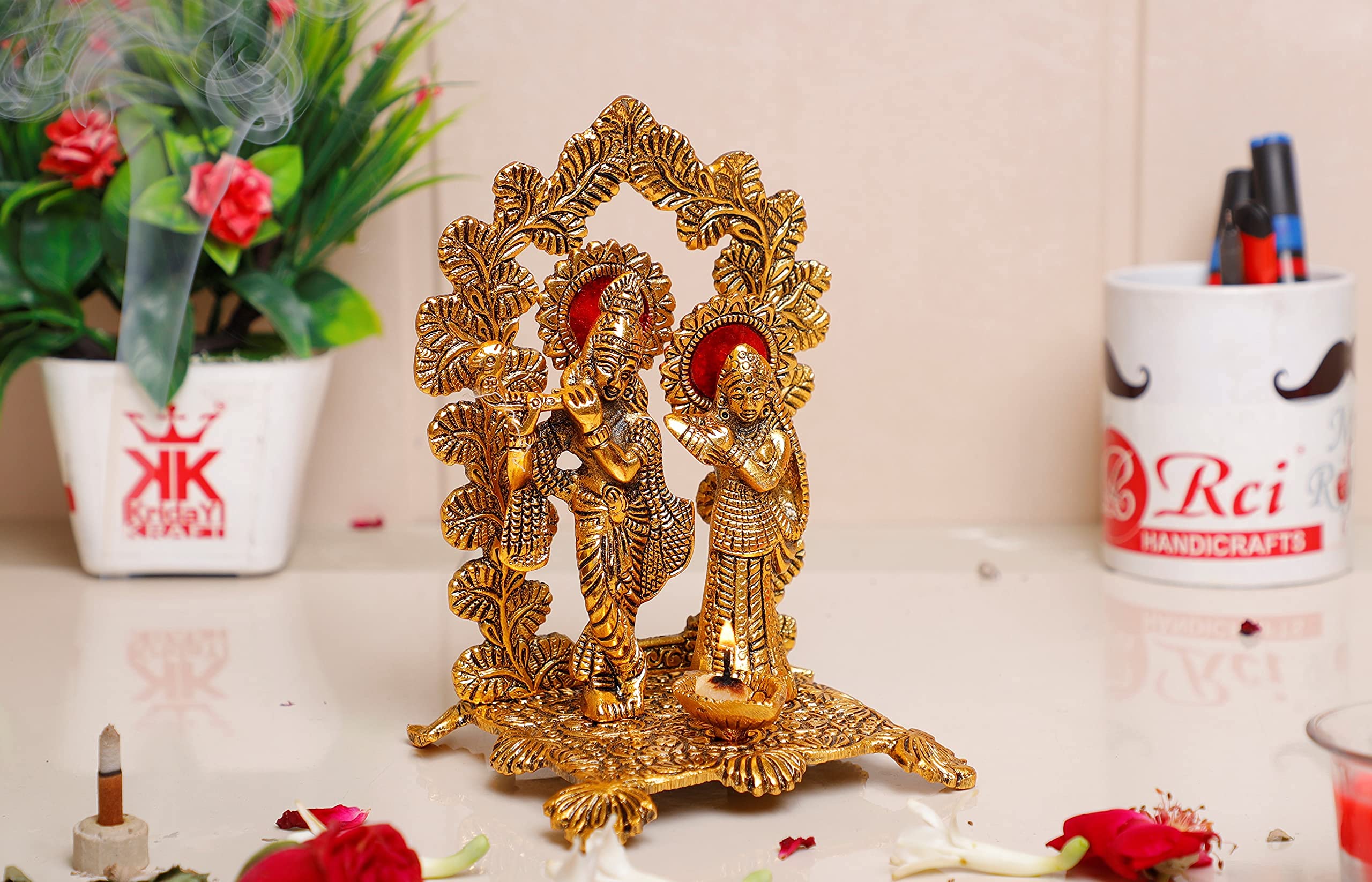 KridayKraft Radha Krishna Standing Playing Flute Metal Statue Gold Antique Finish for Pooja & Home,Office Decorative,Radha Krishna Murti Showpiece Figurines,Religious Idol Gift Article...
