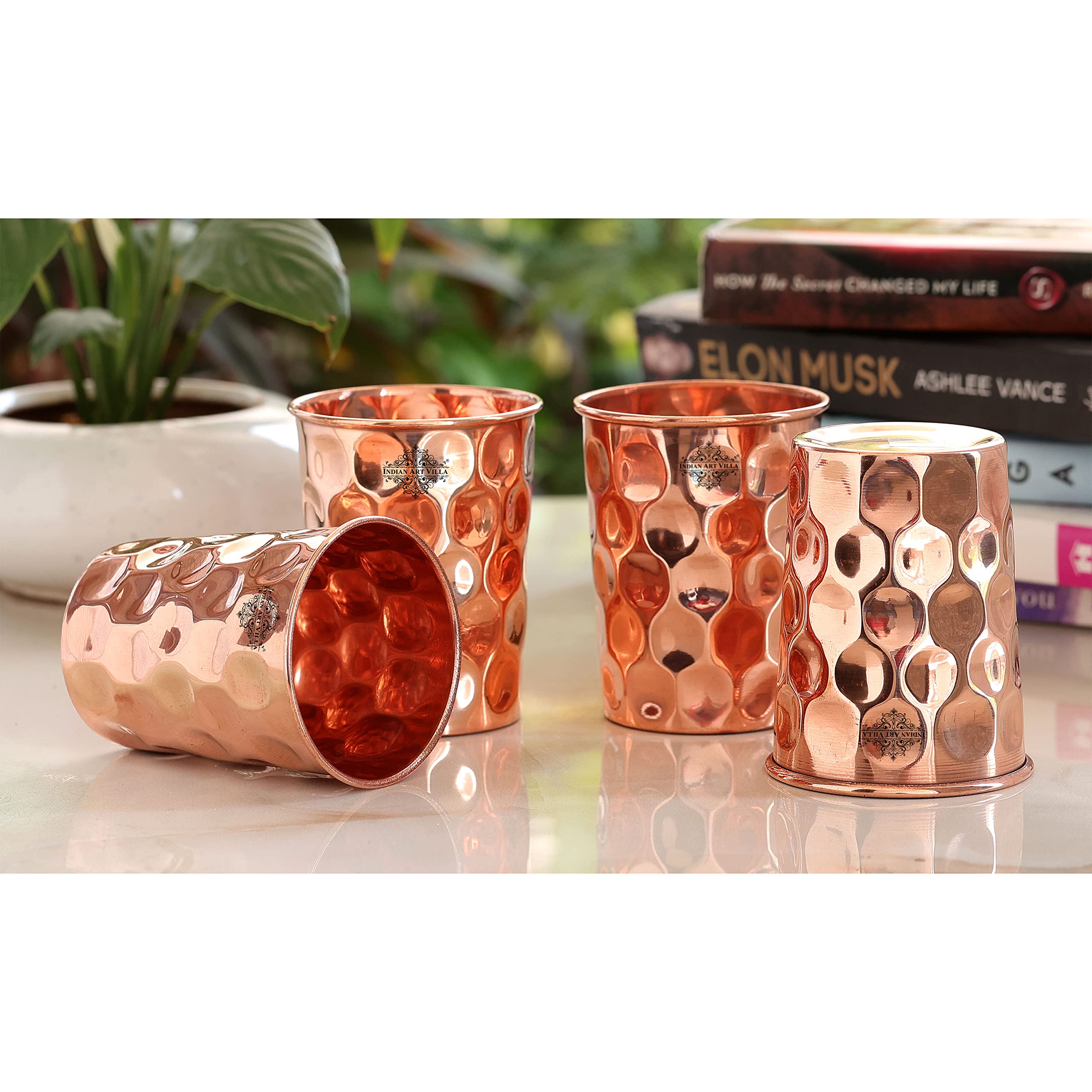 INDIAN ART VILLA Pure Copper Plain Glass with Diamond Hammered Design, Drinking Serving Water, Yoga Ayurveda, Volume-300 ml, Pack of 4