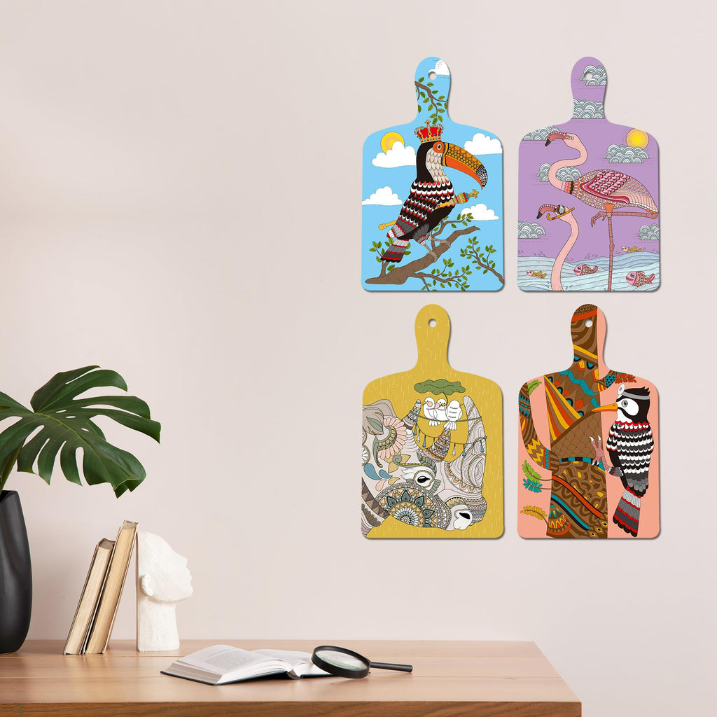 Artvibes Woodpeckers Rhino Swan Modern Art Decorative MDF Wooden Wall Art for Home | Room Wall Art | Wood Decorative Items | Modern Decoration | Wall Illustrations | Gift Items (WH_5623N), Set of 4