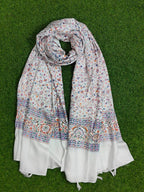 JAHAN TEXTILE white Floral Printed Scarf for Women | Soft Lightweight Dupatta/Stole with Tassels | Elegant Ethnic & Casual Wear Wrap | Stylish Designer Shawl for All Seasons (White1)
