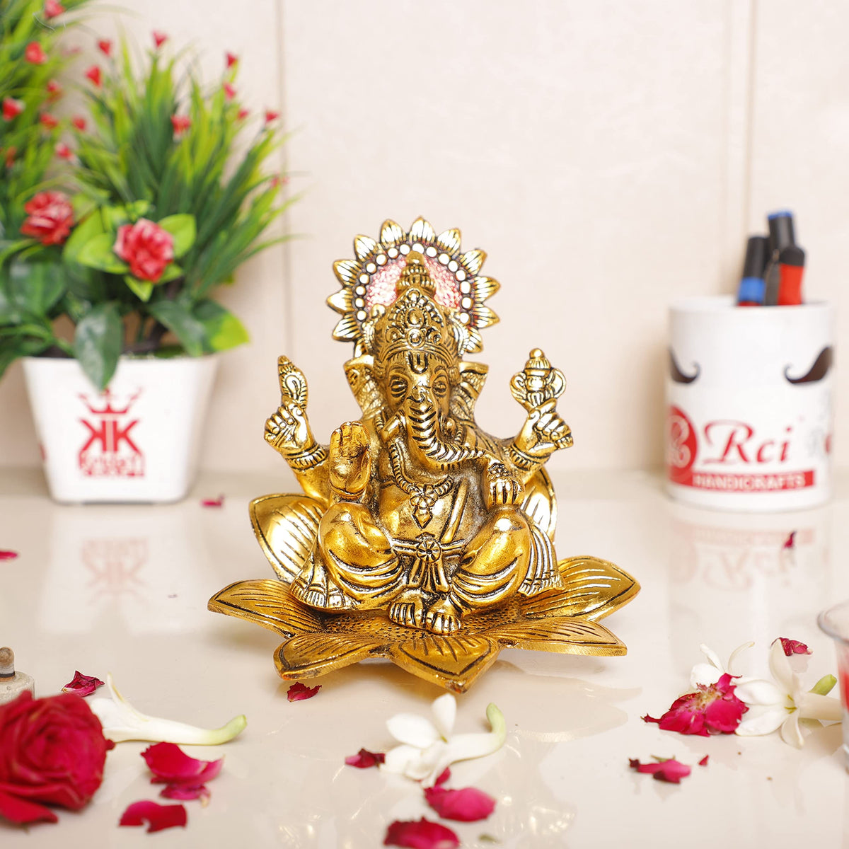 KridayKraft Metal Ganesh Sit On Flower Gold Color Leaf for Pooja,Home,Office Decorative for Table and Gift for Have House Warming Anniversaries, Birthday, Wedding Gifts