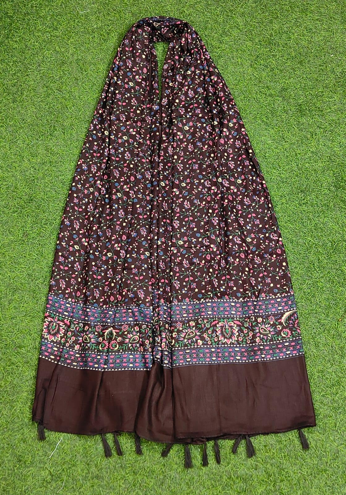 JAHAN TEXTILE Floral Printed Scarf for Women | Soft Lightweight Dupatta/Stole with Tassels | Elegant Ethnic & Casual Wear Wrap | Stylish Designer Shawl for All Seasons (Brown)
